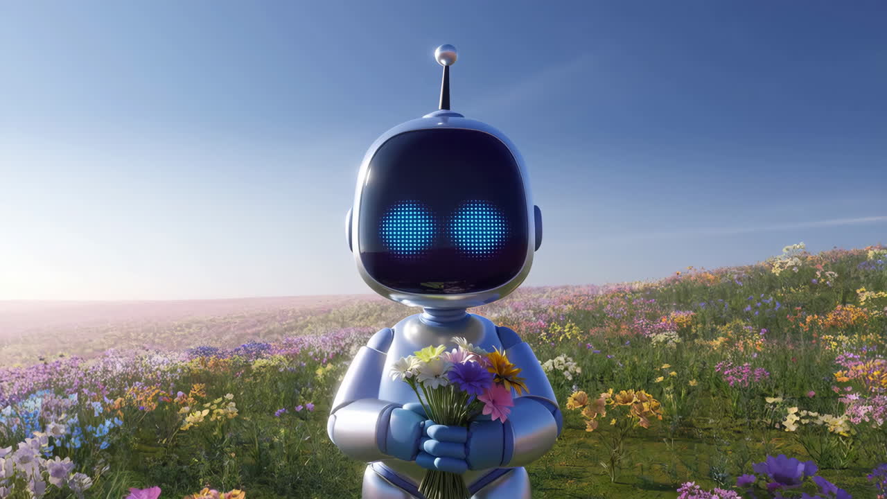 Robot amichevole che tiene fiori in un prato soleggiato