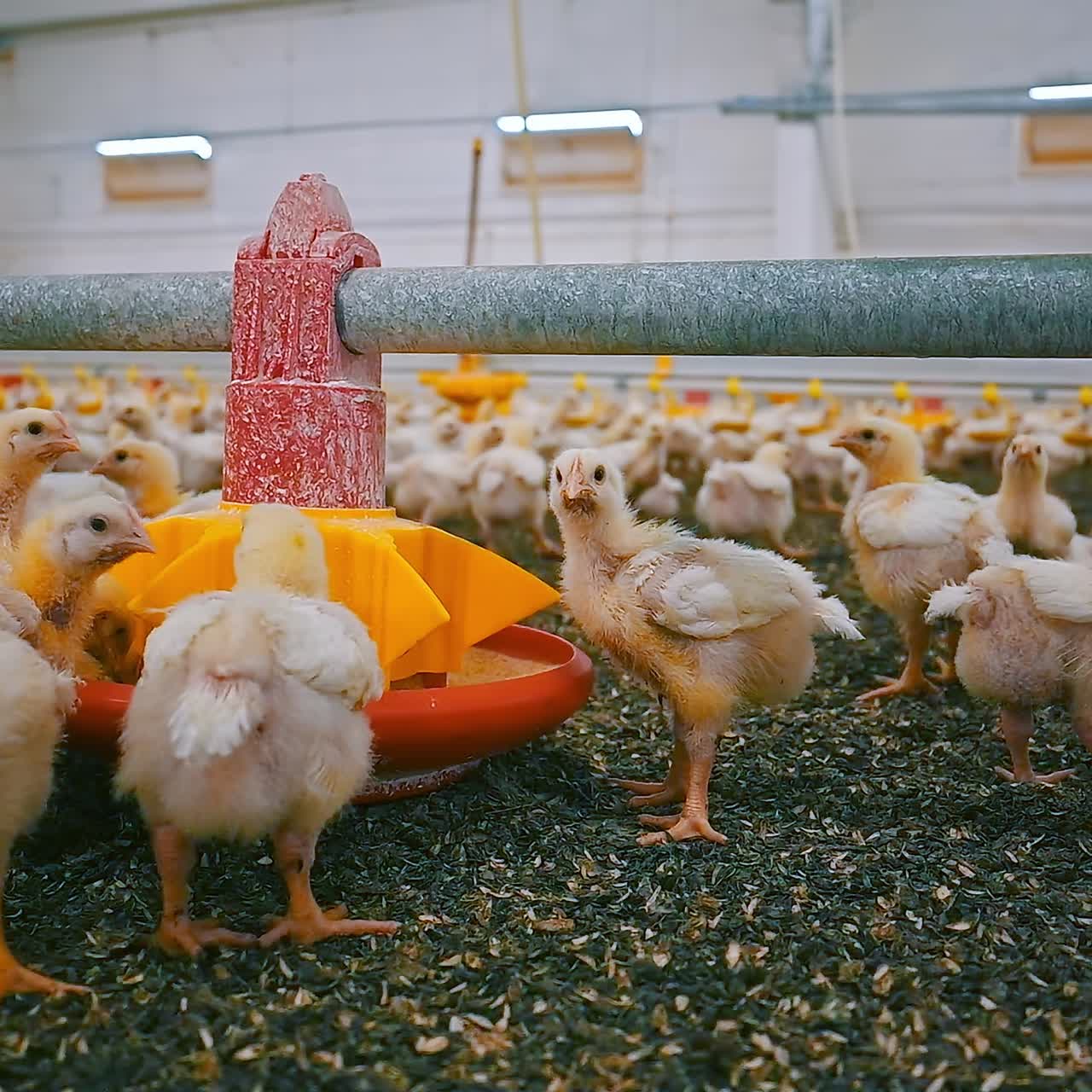 Little broilers eating fodder on a farm. Cute chicks feeding from a trough for fattening on a poultry factory. Chicken production