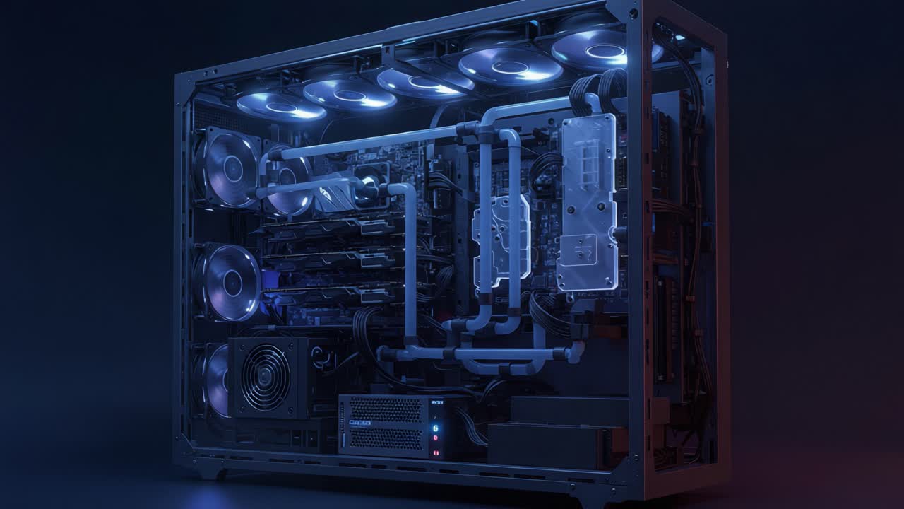 A Stunning Overview of a Custom Water-Cooled Gaming PC Featuring Impressive RGB Lighting and Advanced Cooling Technology for Optimal Performance and Aesthetics
