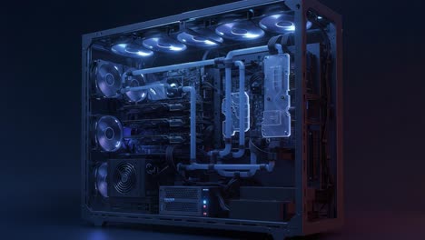 a stunning overview of a custom water-cooled gaming pc featuring impressive rgb lighting and advanced cooling technology for optimal performance and aesthetics