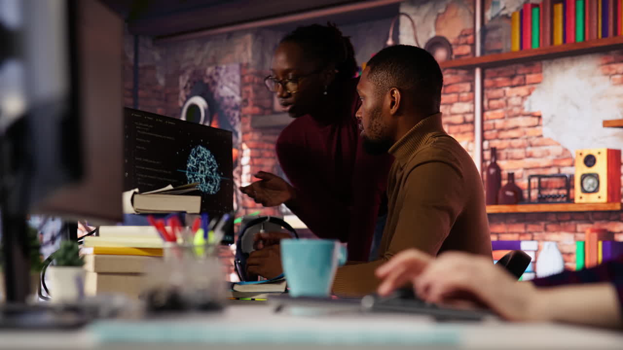 Artificial intelligence startup coworkers doing brainstorming, optimizing code