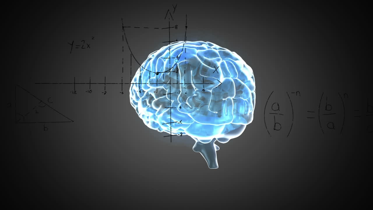 Animation of mathematical equations and diagrams over illuminated human brain on black background