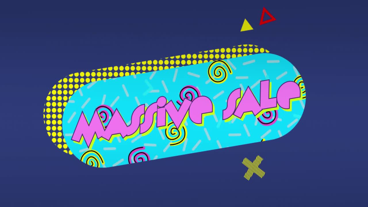 파란색 배경에 레트로 패턴 위에 대규모 판매 텍스트의 애니메이션