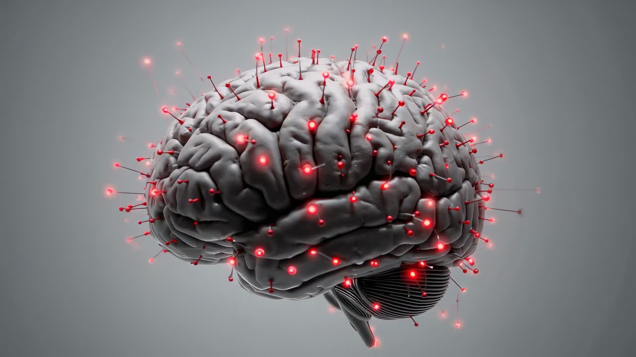 Rotating brain model pulsing red pins while camera zooming over gray field, showing neural activity