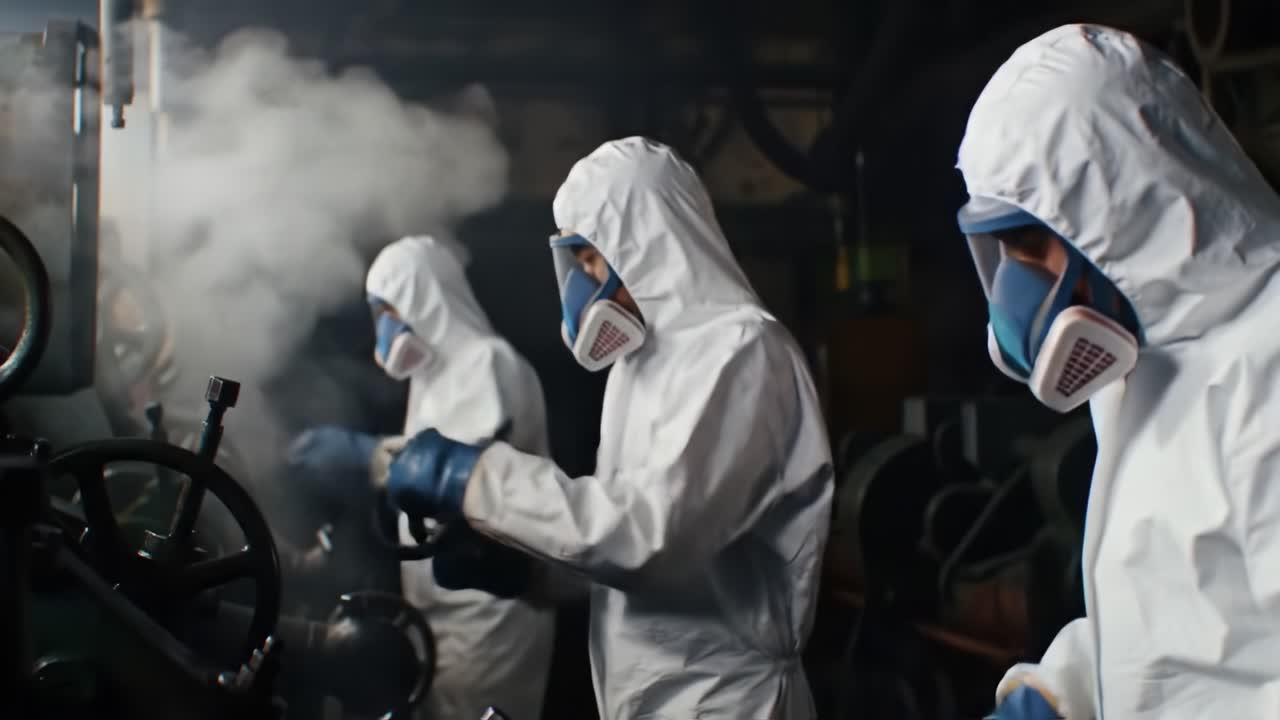 Workers in Protective Gear Operating Machinery in a Hazmat Environment, Focusing on Safety and Precision During Industrial Operations Amidst Steam and Equipment