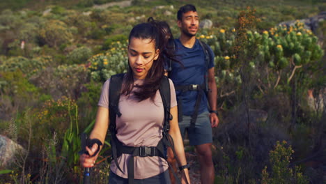 Hikers-walking-a-trail-on-a-mountain-with-hiking