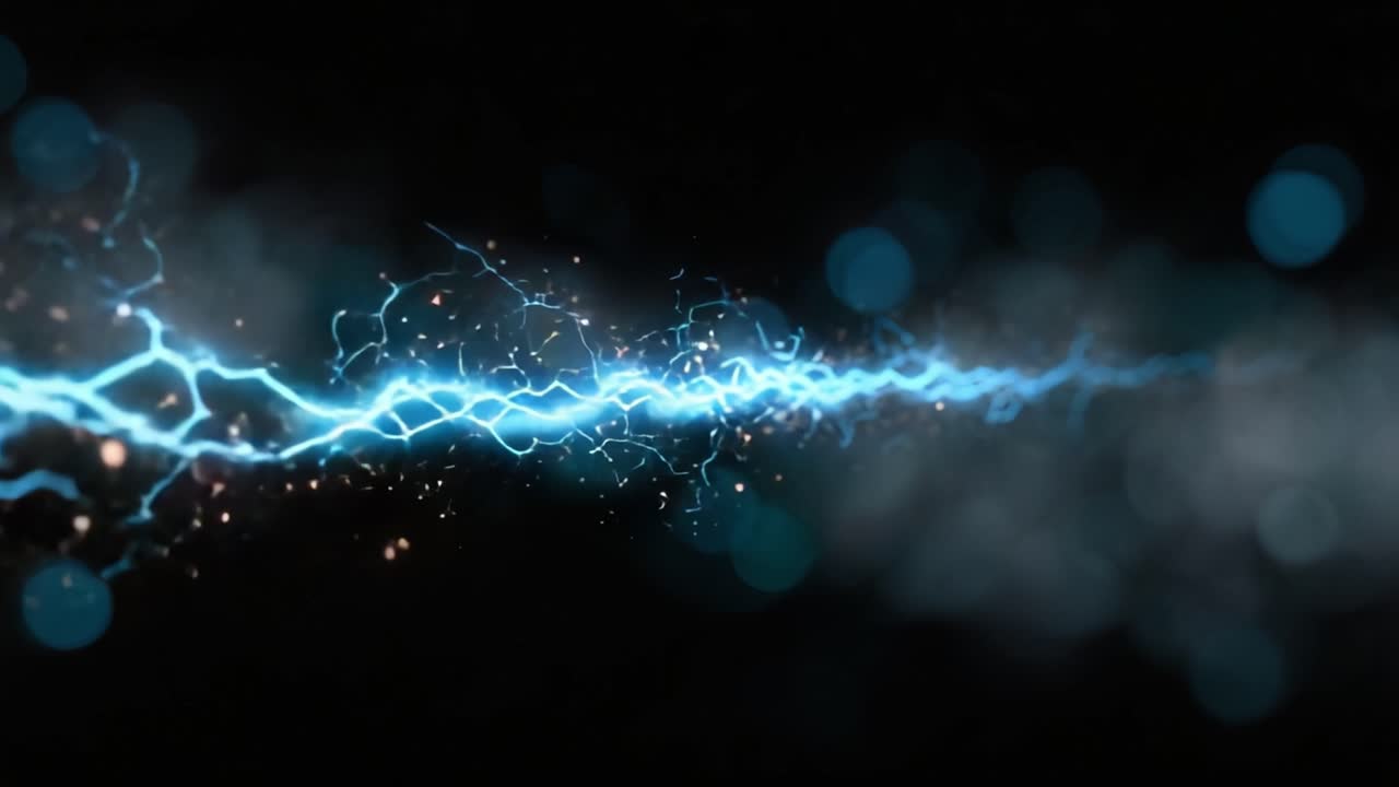 Dynamic Lightning Effect Depicted in Two Frames, Showcasing Powerful Electric Discharge Against a Dark Background with Glowing Particles