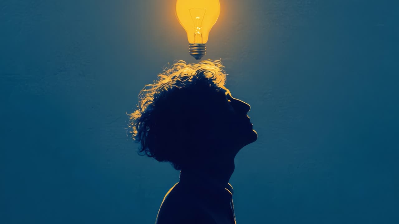 A Creative Spark: The Journey of Ideas Illuminated by a Glowing Light Bulb Above a Contemplative Figure in Profile