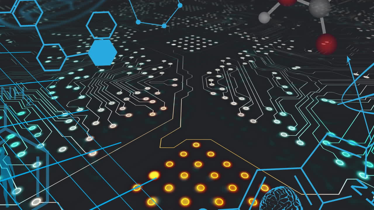 검은 바탕에 있는 컴퓨터 회로판 위의 화학 공식의 애니메이션