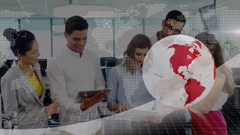 animation of globe and dots forming maps over diverse coworkers discussing reports in office