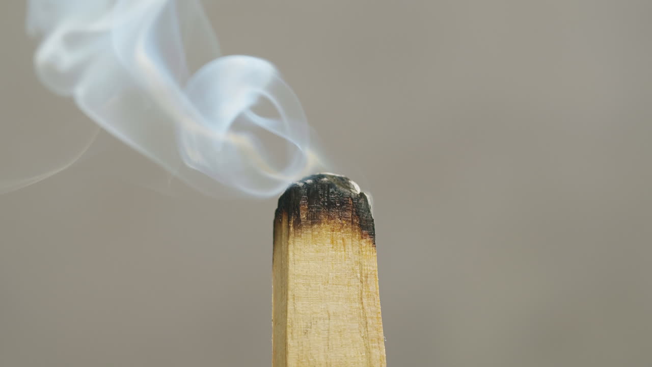 Person holding Palo Santo wood stick in hand, aromatic Palo Santo burning on black background, smoke spreading around, slow motion video clip, high quality 4k close up footage. High quality 4k footage