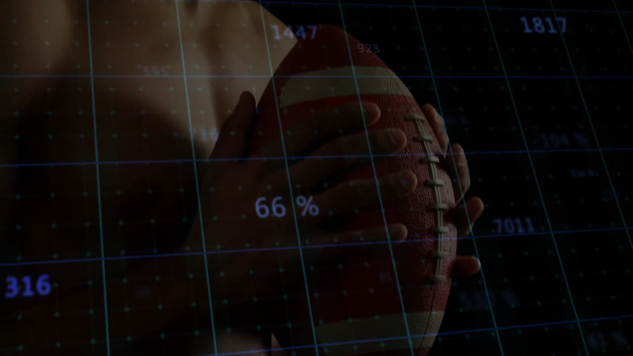 Football player holding ball with data and percentages overlay animation