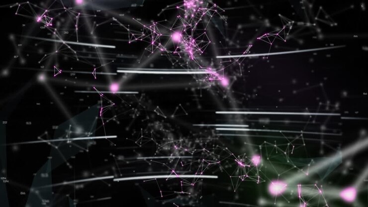 Animazione di codice QR su una rete di connessioni e scie luminose su sfondo nero