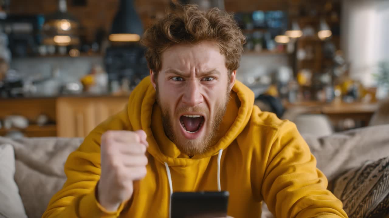 An Emotional Reaction Captured: A Young Man in a Yellow Hoodie Expressing Intense Frustration and Anger While Engaged with His Smartphone in a Cozy Living Room Setting