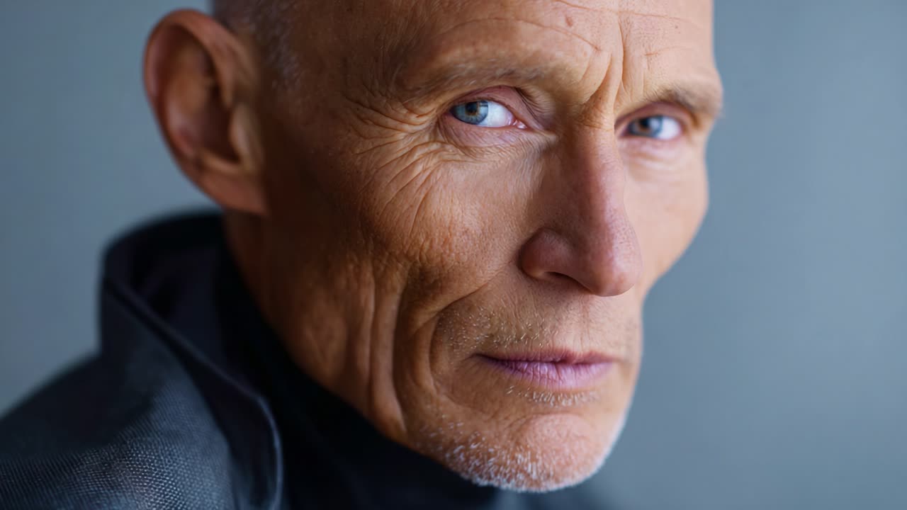 Close-up Portrait of an Older Man with Distinctive Features and Intense Expression Captured in Soft Lighting, Showcasing Character and Wisdom in His Eyes