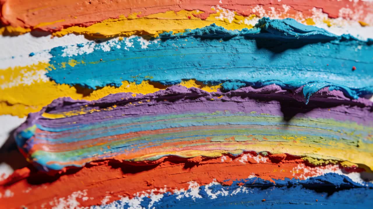 Câmera deslizando, revelando faixas inferiores vermelhas e azuis em close-up de estúdio, com borrões de pigmento multicoloridos.