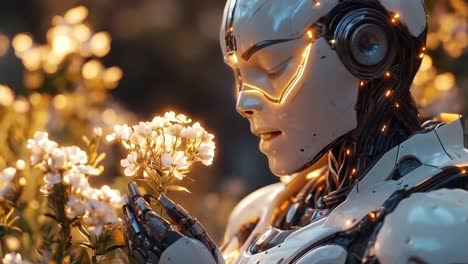 robot holding white flowers