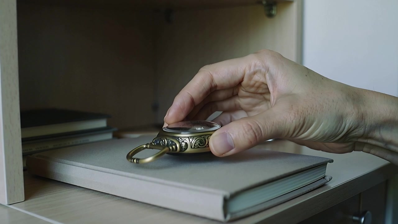 Mão direita de um adulto entrando em cena, pegando um relógio de bolso de latão em uma pequena prateleira e verificando detalhes em um livro