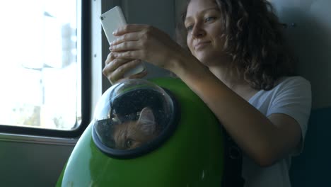 mujer con teléfono y gato en la bolsa de transporte viaja en tren