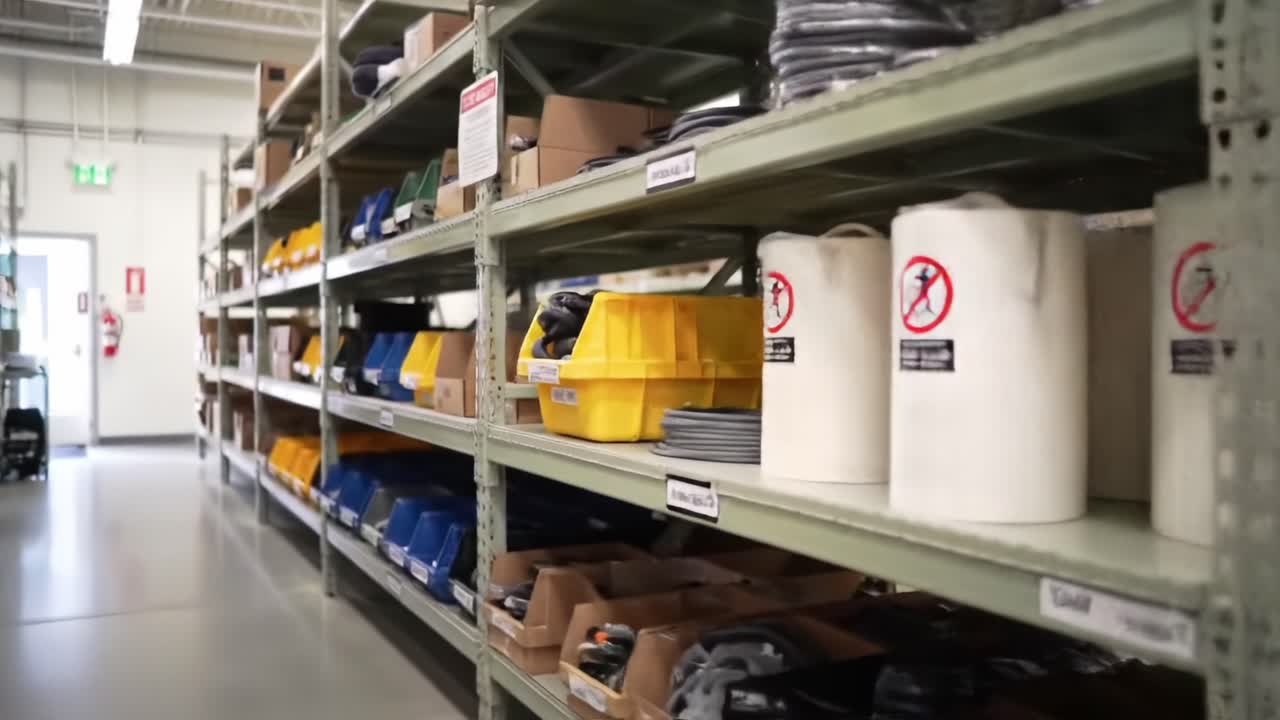 A Well-Organized Warehouse Aisle Showcasing Shelves Filled with Various Boxes and Containers, Reflecting an Efficient Storage Space and Safety Measures in Place