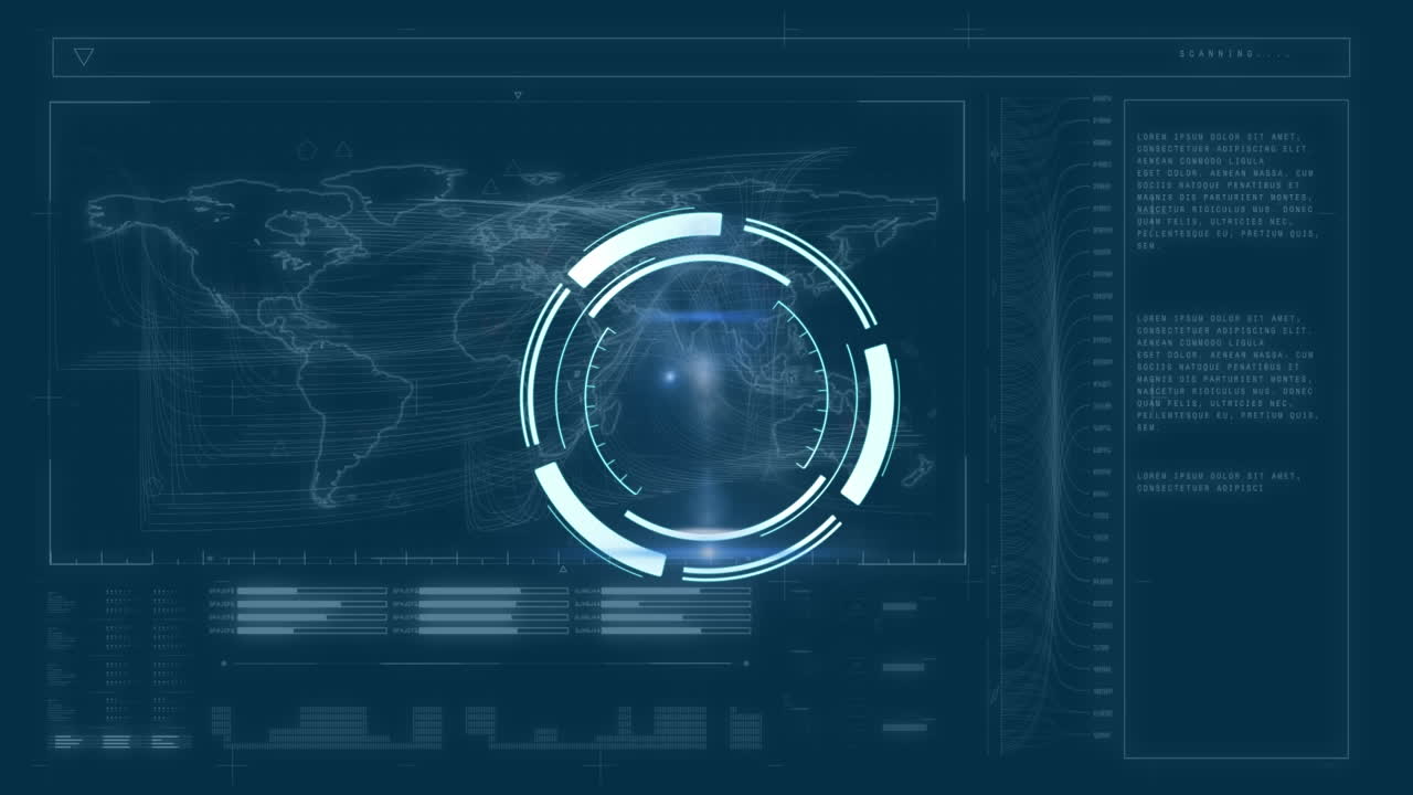 Animation of scope scanning, data and statistics processing over world map on screen