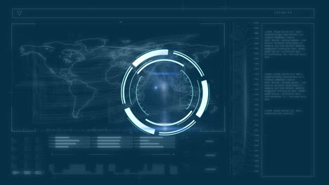 animación del escaneo del alcance, el procesamiento de datos y estadísticas sobre el mapa del mundo en la pantalla