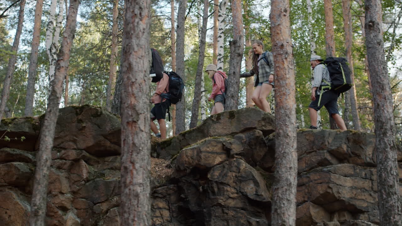 Hikers on a rocky trail through the forest