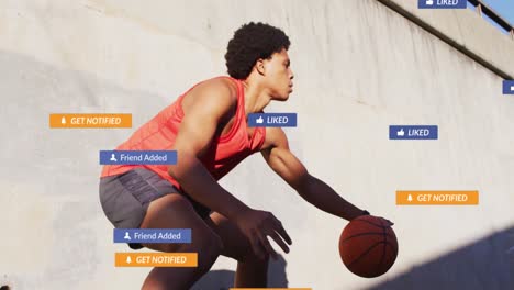 Animation-of-media-icons-over-african-american-man-with-basketball