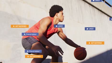 animation of media icons over african american man with basketball