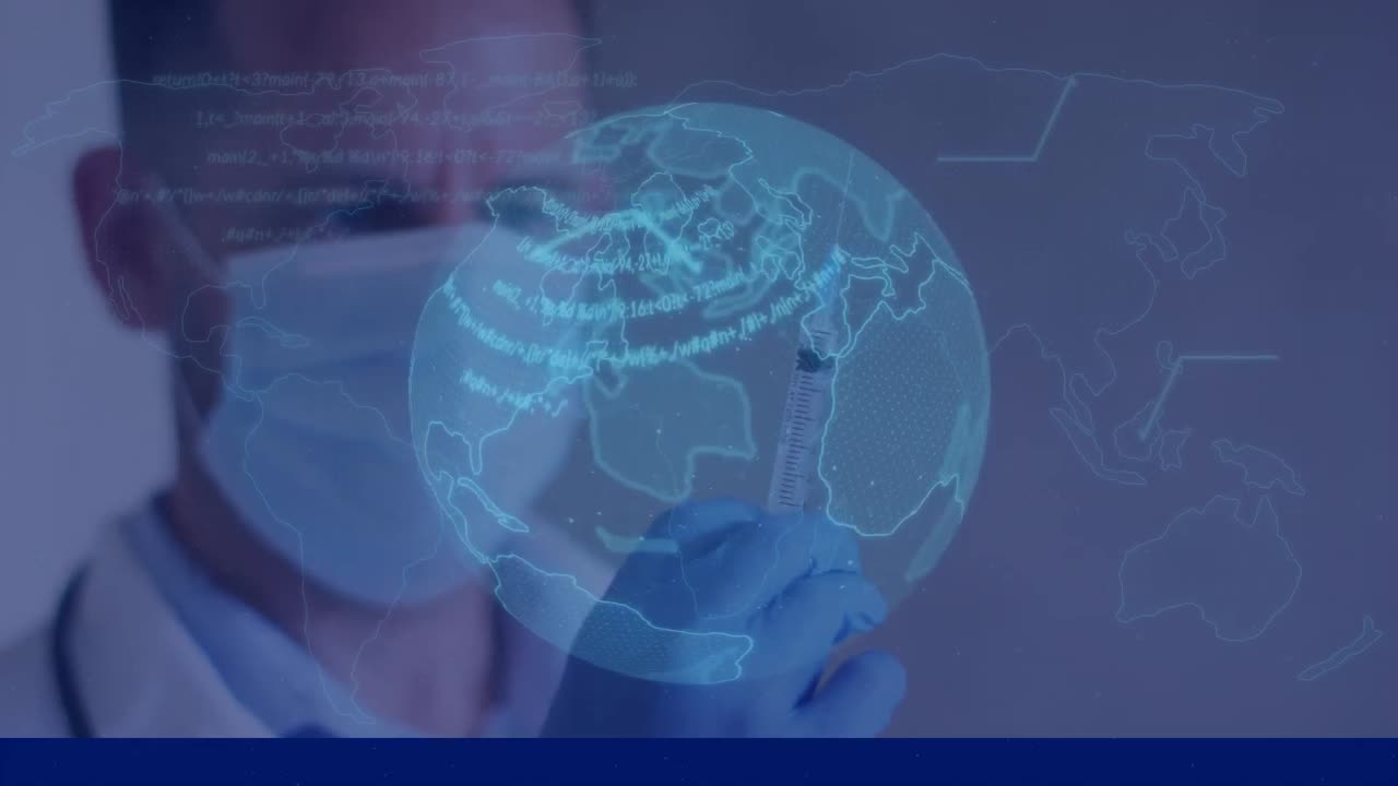 Animation of globe, data processing over caucasian male doctor with syringe