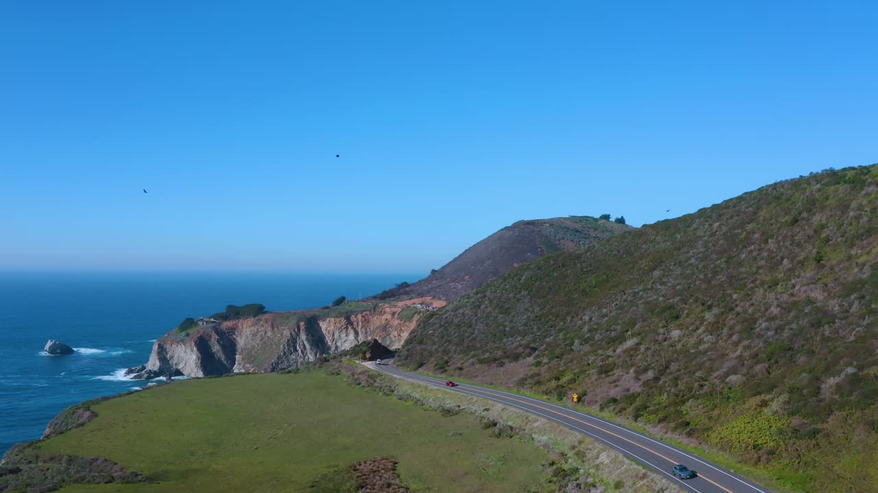 A couple vultures flying over the California Coast Highway 1