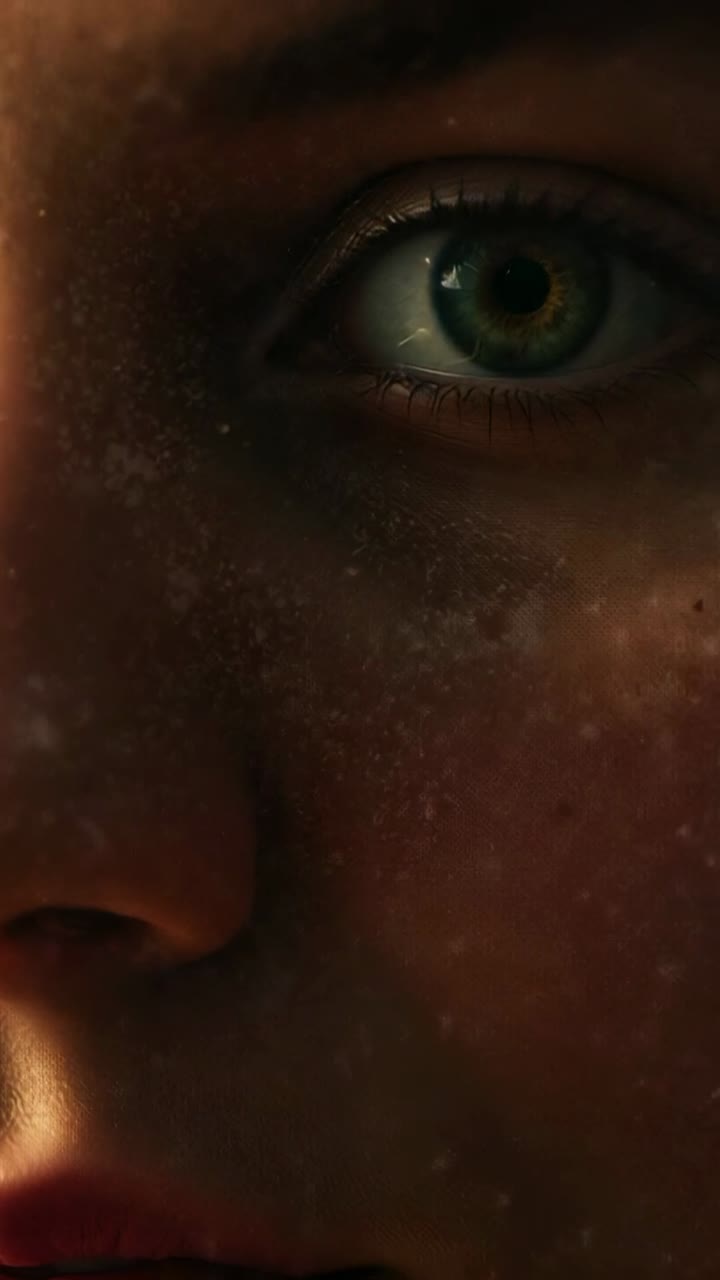 Vertical video: Recording starting female subject holding fixed gaze in studio with lighting shifts