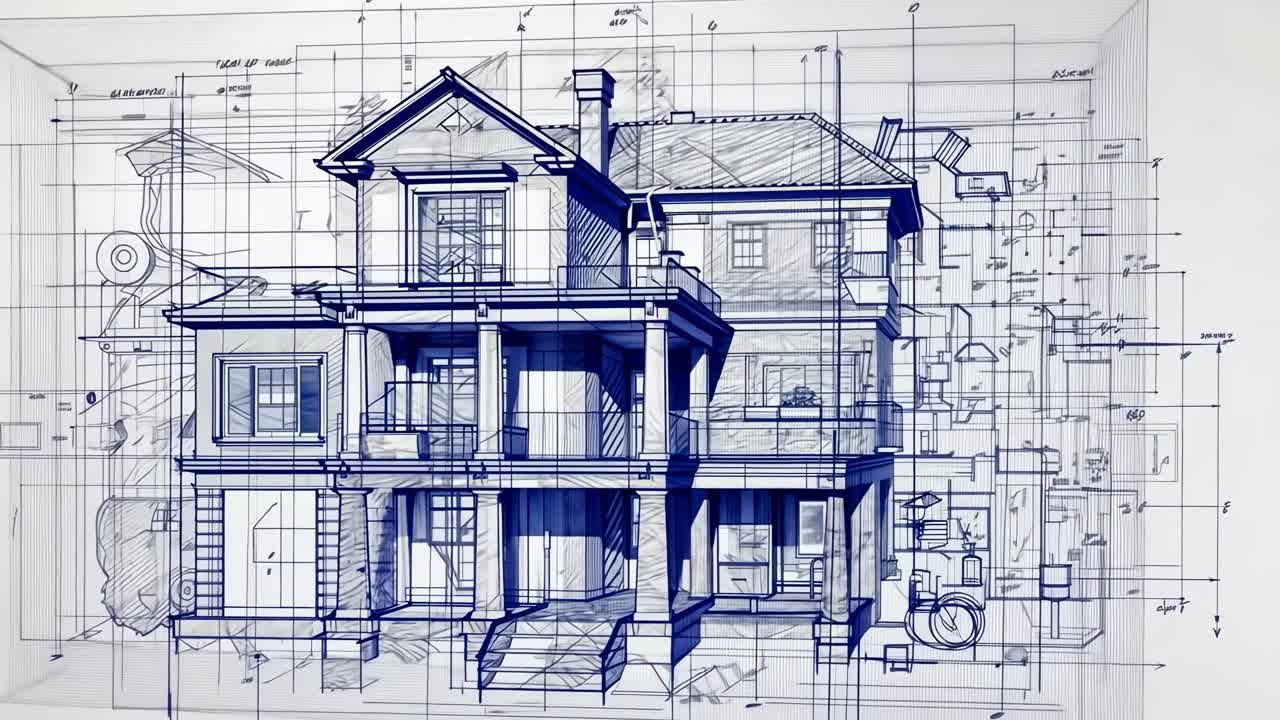 Blueprint-style video illustration of a house, showcasing architectural details from a front