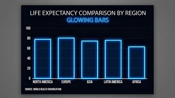 Life Expectancy Comparison by Region - Glowing Bars