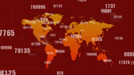 Varios-Números-Cambian-A-Través-De-La-Red-De-Cuadrícula-Contra-El-Mapa-Mundial-Sobre-Fondo-Rojo