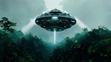 ufo hovering over a jungle