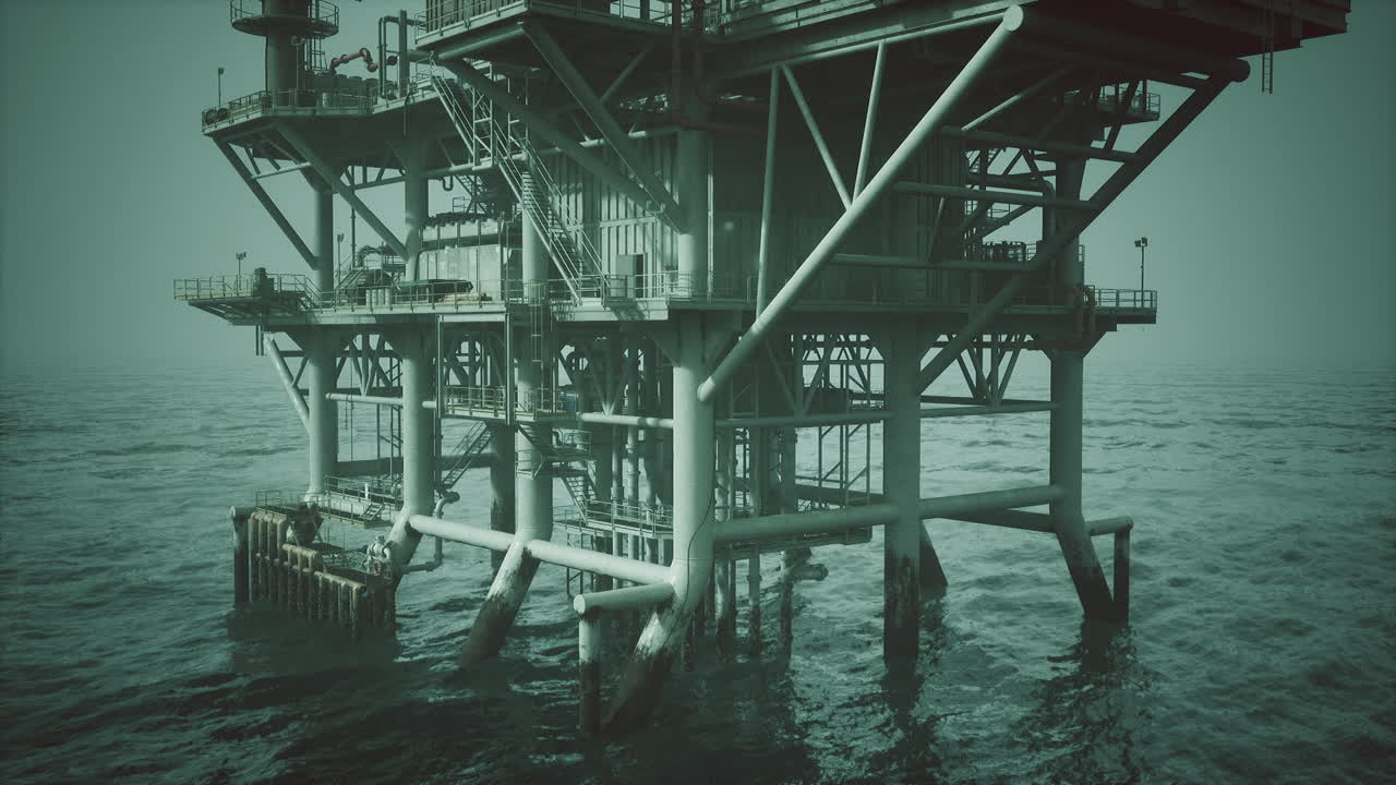 Old oil platform standing in calm waters during overcast conditions