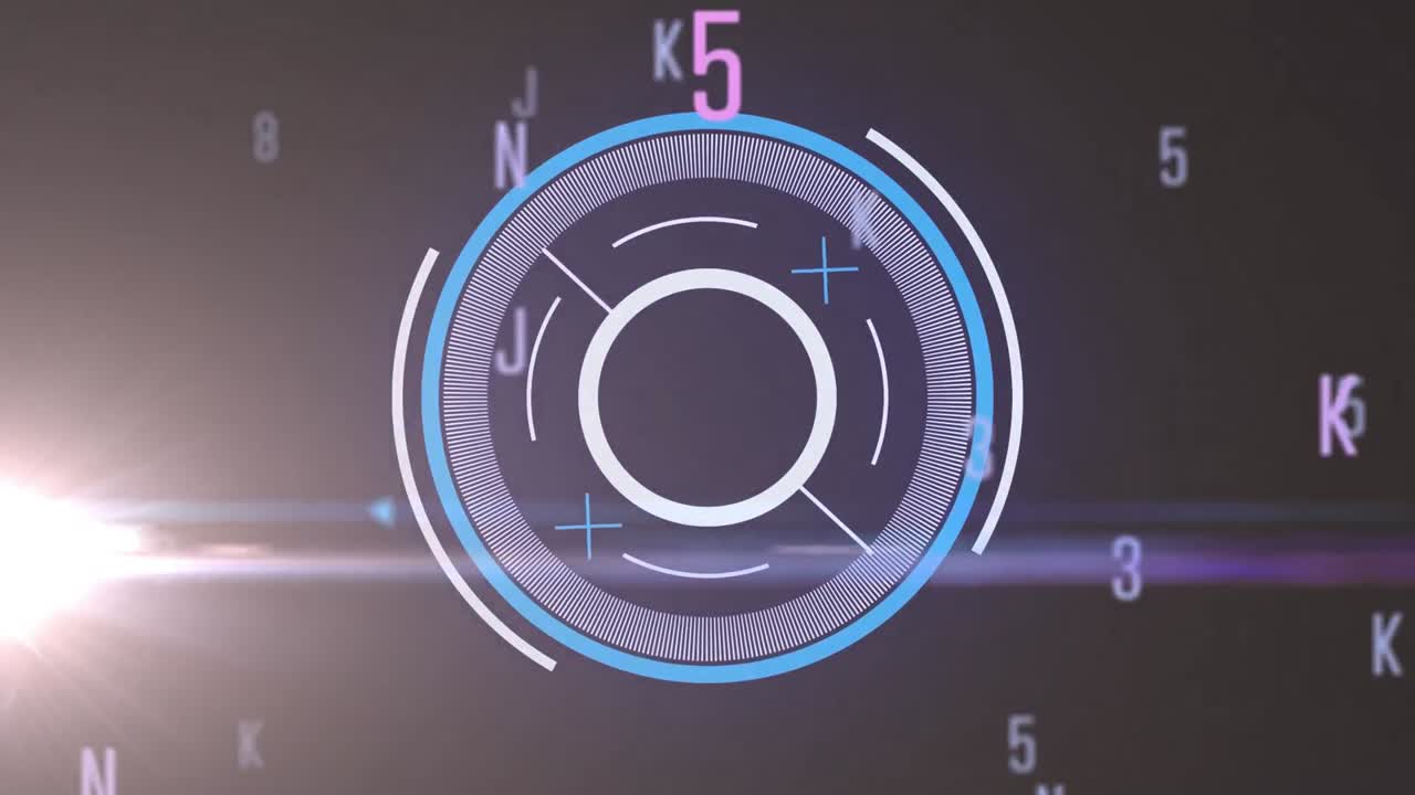 animación de un escáner redondo sobre un punto de luz, cambiando números y símbolos contra un fondo negro