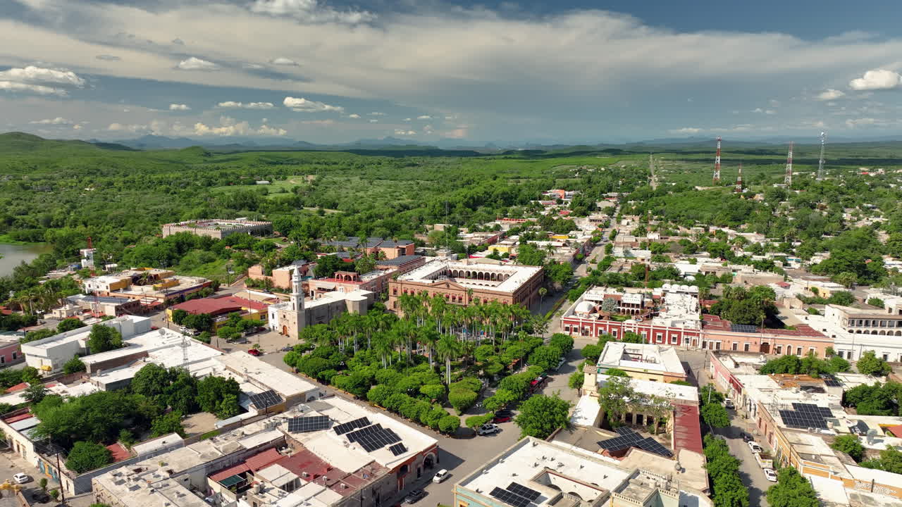 Aerial view orbiting the historic center of El Fuerte, in sunny Sinaloa, Mexico