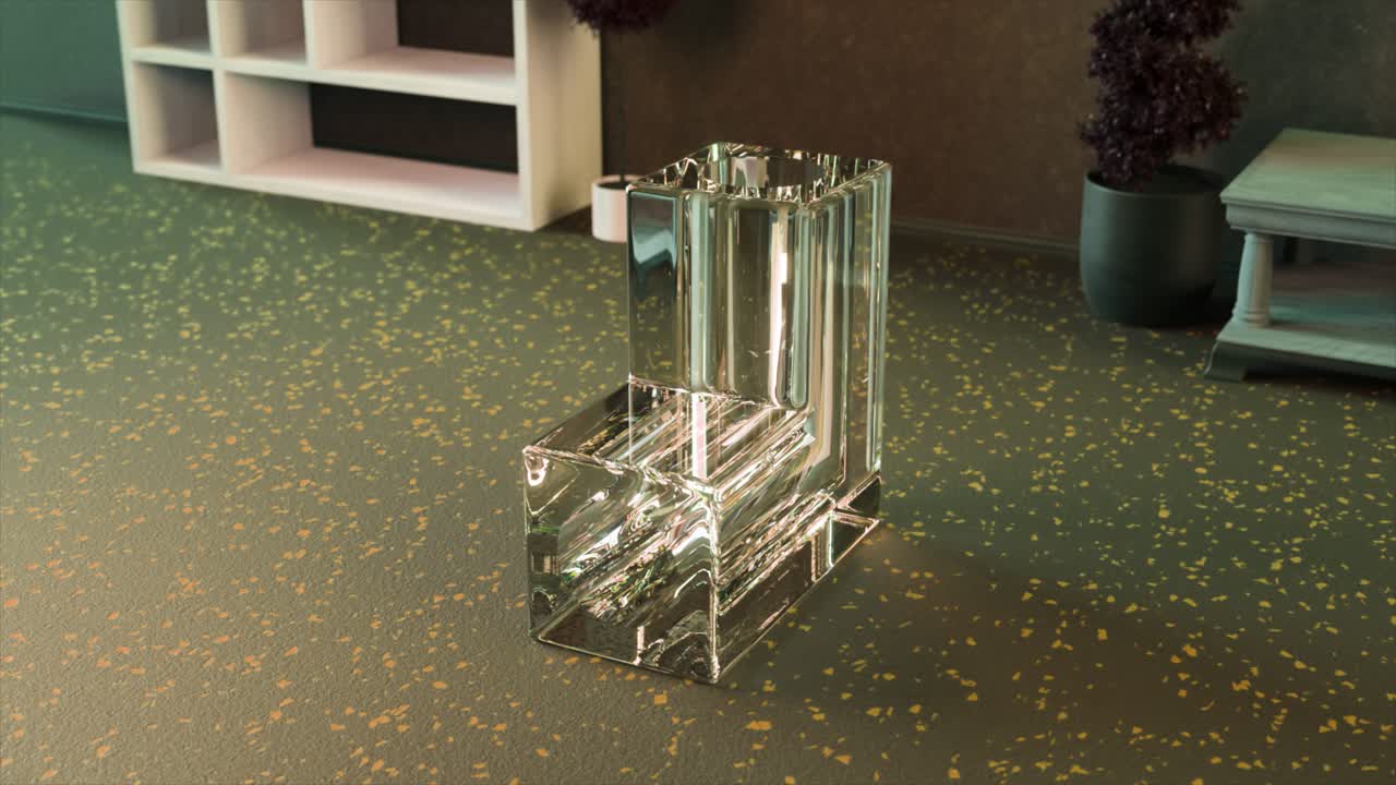 escultura geométrica de vidrio con mármol flotante