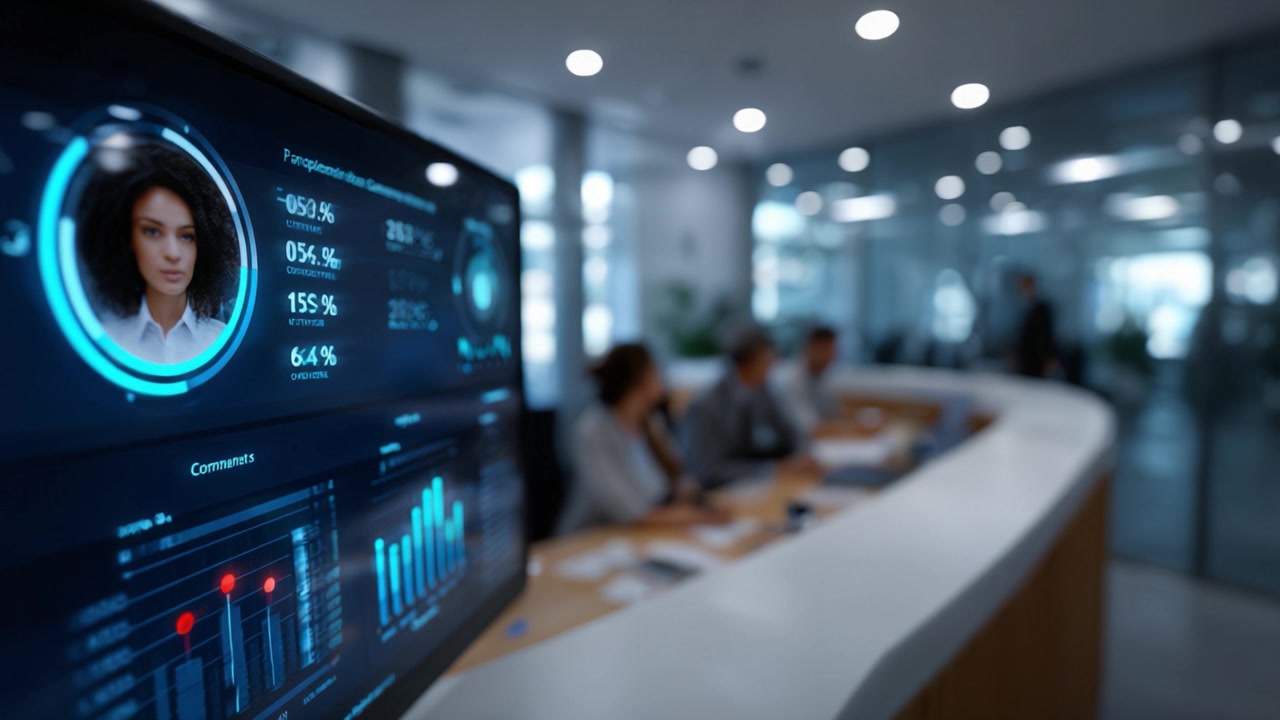 Analyzing Data Insights: A Focus on Performance Metrics and Visual Analytics in a Modern Office Environment with a Female Profile Displayed on Screen