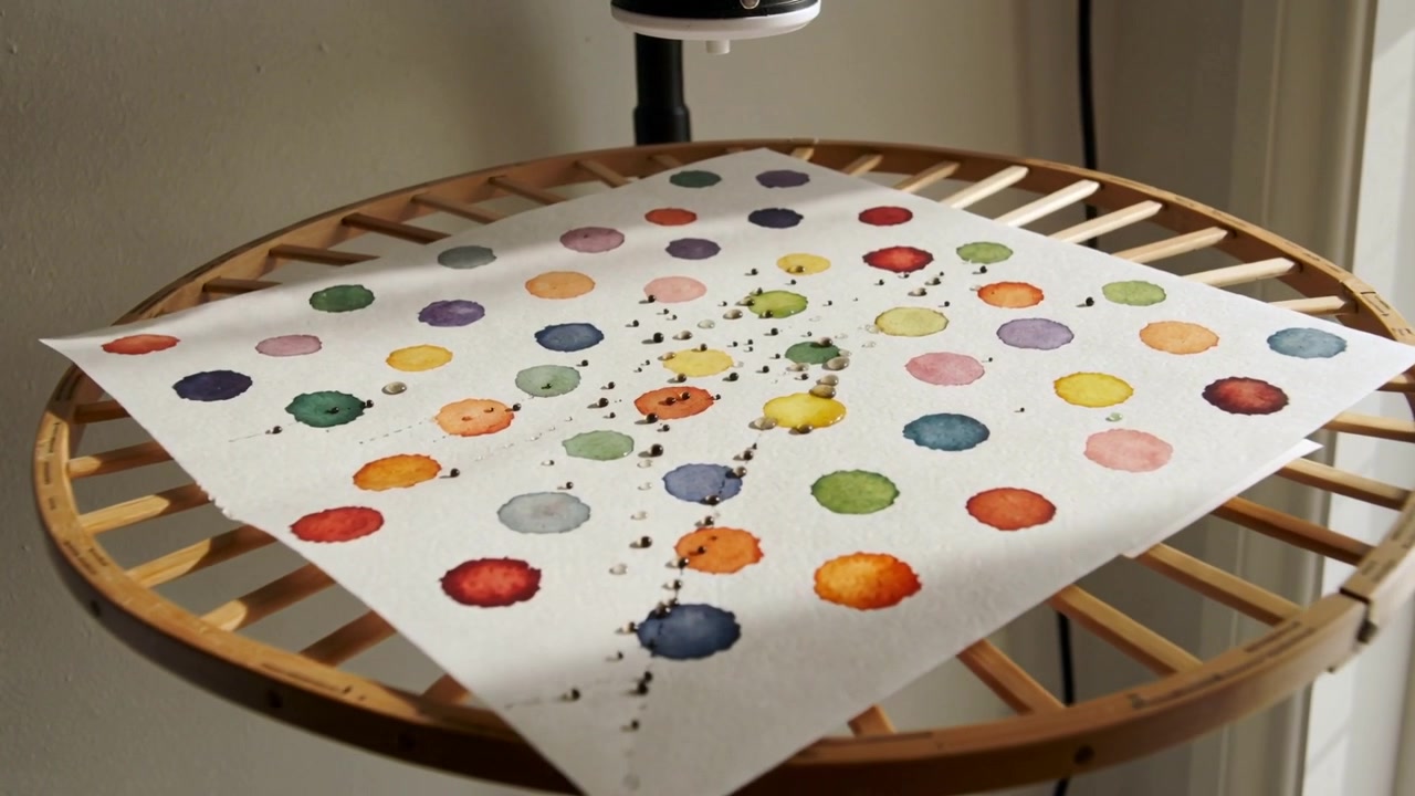 Foraging finding paint, black ants forming trail on platform near window, crossing watercolor paper