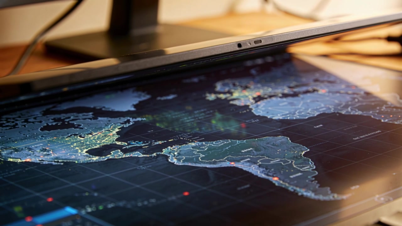 Kameraet panorerer over en liggende tablet, der viser et kort over Amerika på et træskrivebord og afslører hotspots.