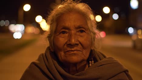 an intimate evening portrait of a resilient elderly woman, captured in a serene urban environment with soft bokeh lights creating a dreamlike atmosphere at night
