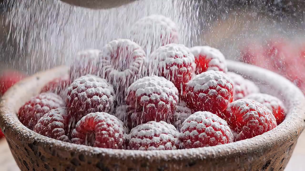 Powdered sugar being sprinkled over fresh red raspberries in bowl