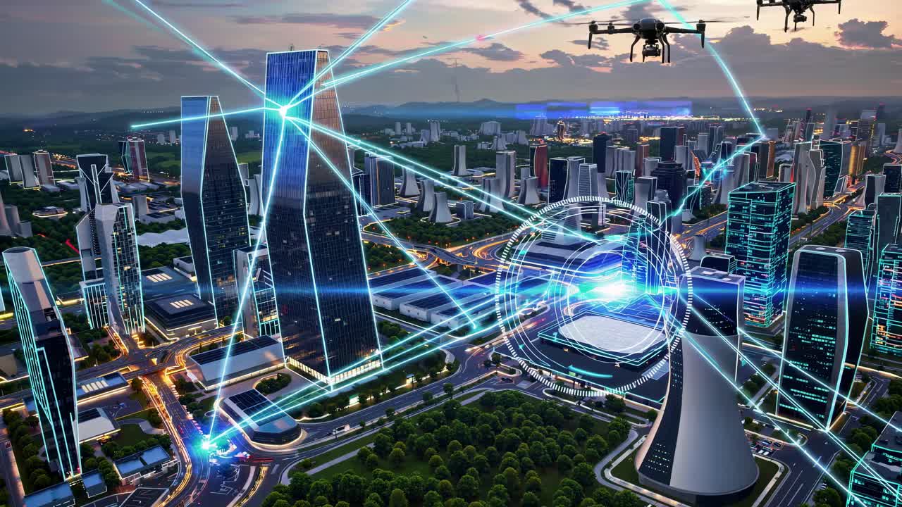 vista aérea de la ciudad inteligente futurista con tecnología de drones