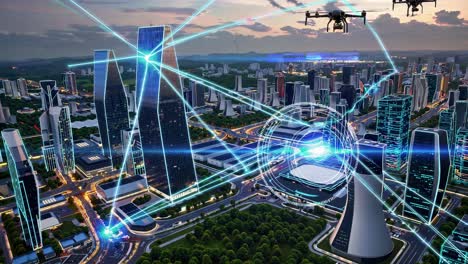 futuristic smart city aerial view with drone technology