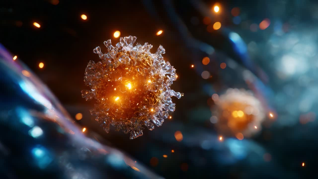 Highly Detailed Close-Up View of Virus Particles with Glowing Features Against a Colorful Background Representing Cellular Environment