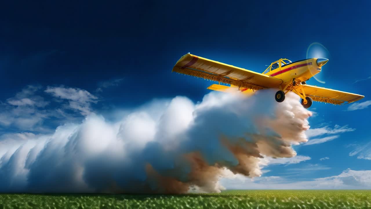 A vibrant yellow agricultural airplane ascends above a green field, releasing a cloud of mist or spray, demonstrating modern farming techniques and crop management in action