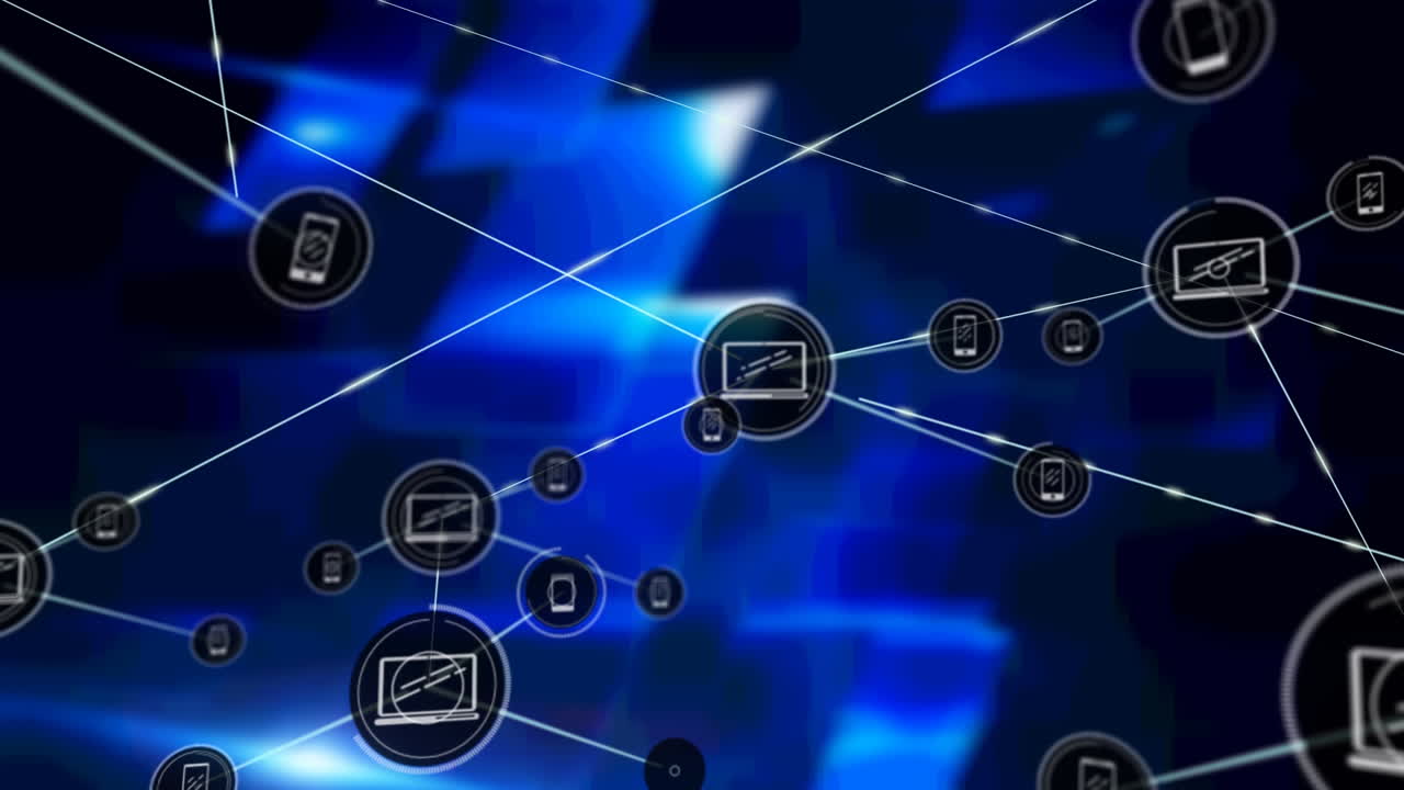 animación de redes de conexiones con iconos sobre formas azules sobre fondo negro